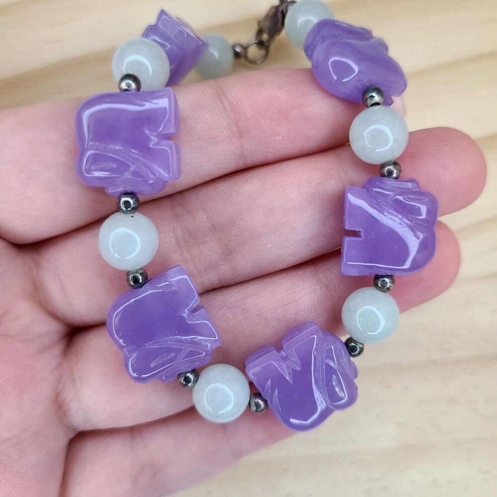 Vtg Lavender & Green Jade Elephant Beaded Bracelet With Silver Clasp Sz 6.25 - Picture 7 of 9